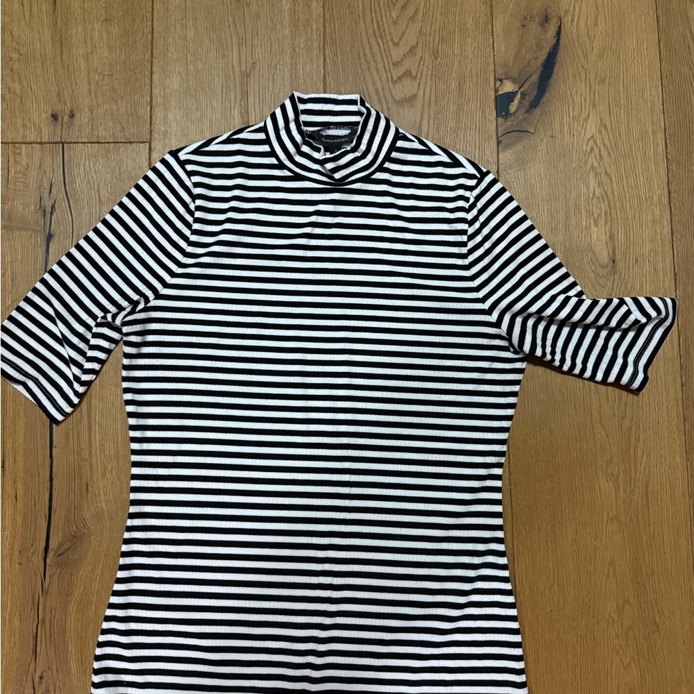 Banana Republic Black and White Striped Mockneck Top
